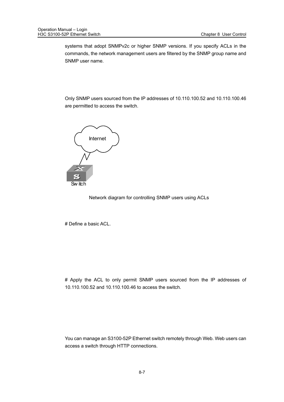 3 configuration example, I. network requirements, Ii. network diagram | Iii. configuration procedure, 4 controlling web users by source ip address, 3 configuration example -7, 4 controlling web users by source ip address -7, 4 “controlling web, Users by source ip address | H3C Technologies H3C S3100 Series Switches User Manual | Page 88 / 630