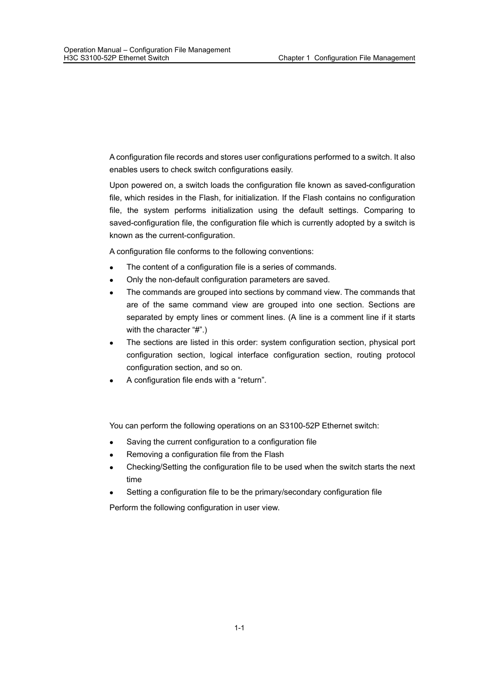 Chapter 1 configuration file management, 1 introduction to configuration file, 2 configuration file-related operations | H3C Technologies H3C S3100 Series Switches User Manual | Page 92 / 630