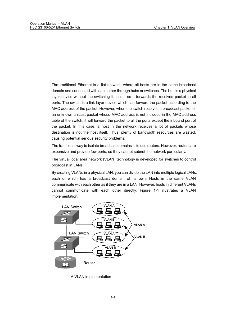 Chapter 1 vlan overview, 1 vlan overview, 1 introduction to vlan | Chapter 1 vlan overview -1, 1 vlan overview -1, 1 introduction to vlan -1 | H3C Technologies H3C S3100 Series Switches User Manual | Page 96 / 630