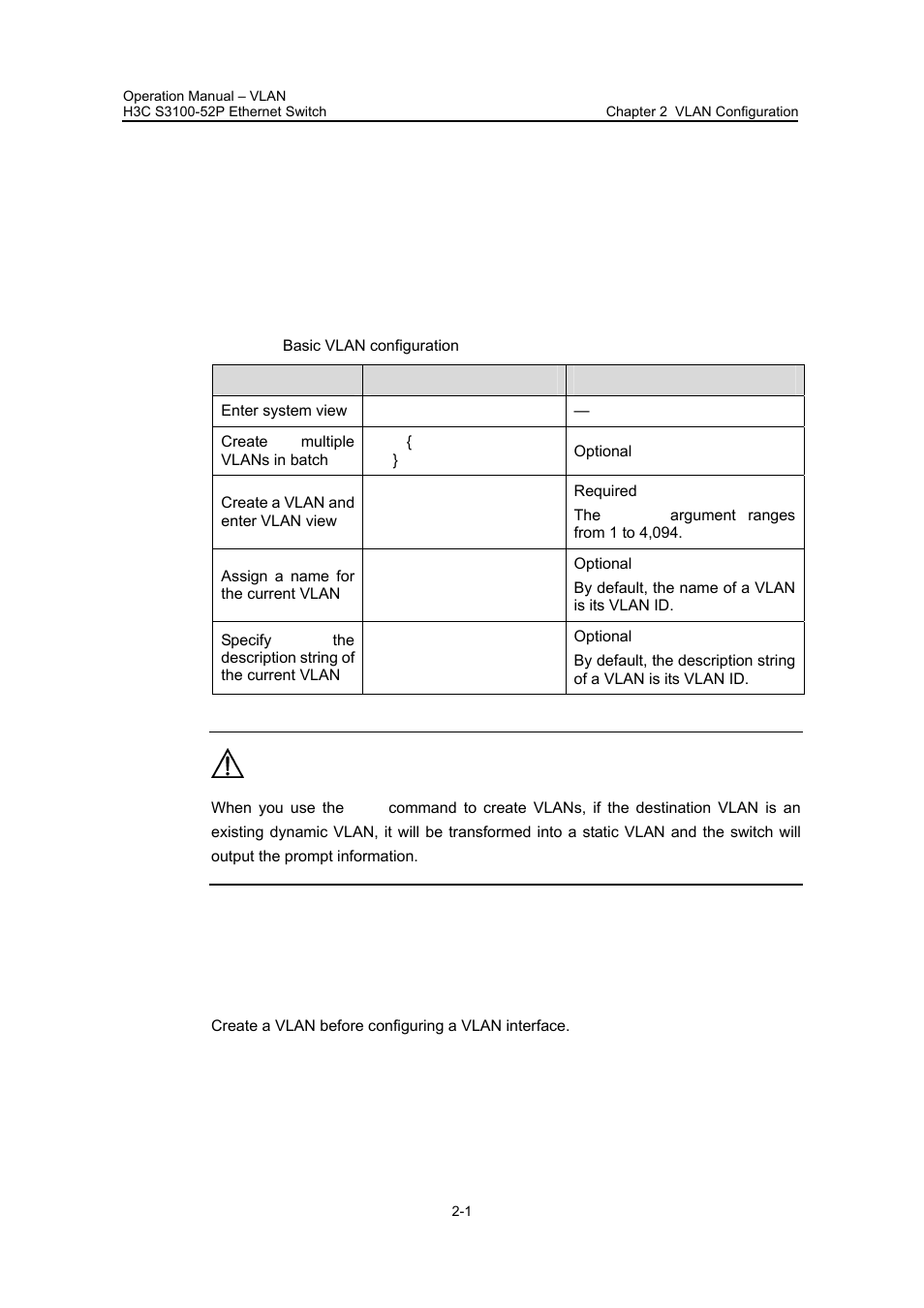 Chapter 2 vlan configuration, 1 vlan configuration, 1 basic vlan configuration | 2 basic vlan interface configuration, I. configuration prerequisites, Chapter 2 vlan configuration -1, 1 vlan configuration -1 | H3C Technologies H3C S3100 Series Switches User Manual | Page 99 / 630