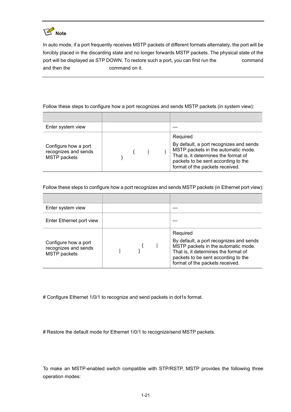 Configuration procedure, Configuration example, Configuring the mstp operation mode | Tible mode (see, For more information) | H3C Technologies H3C S3100 Series Switches User Manual | Page 240 / 1056