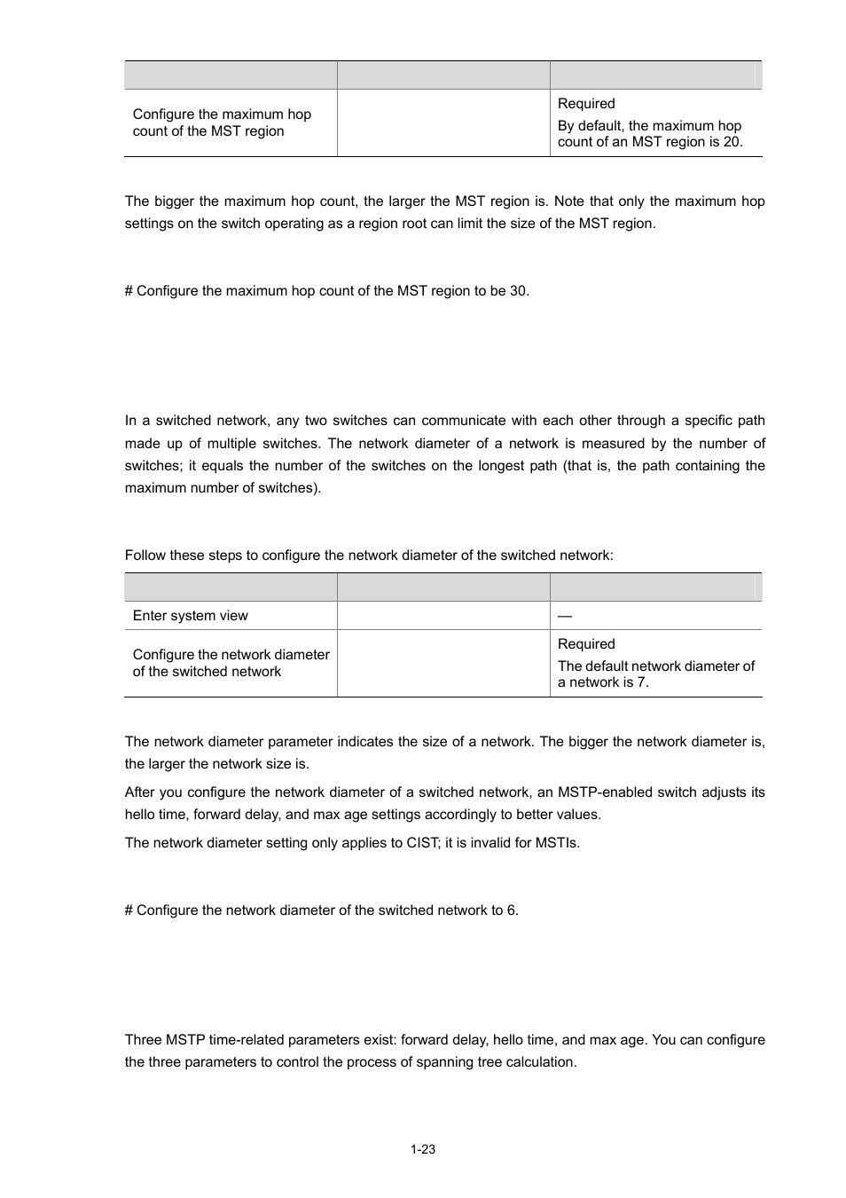 Configuration example, Configuration procedure, Configuring the mstp time-related parameters | H3C Technologies H3C S3100 Series Switches User Manual | Page 242 / 1056