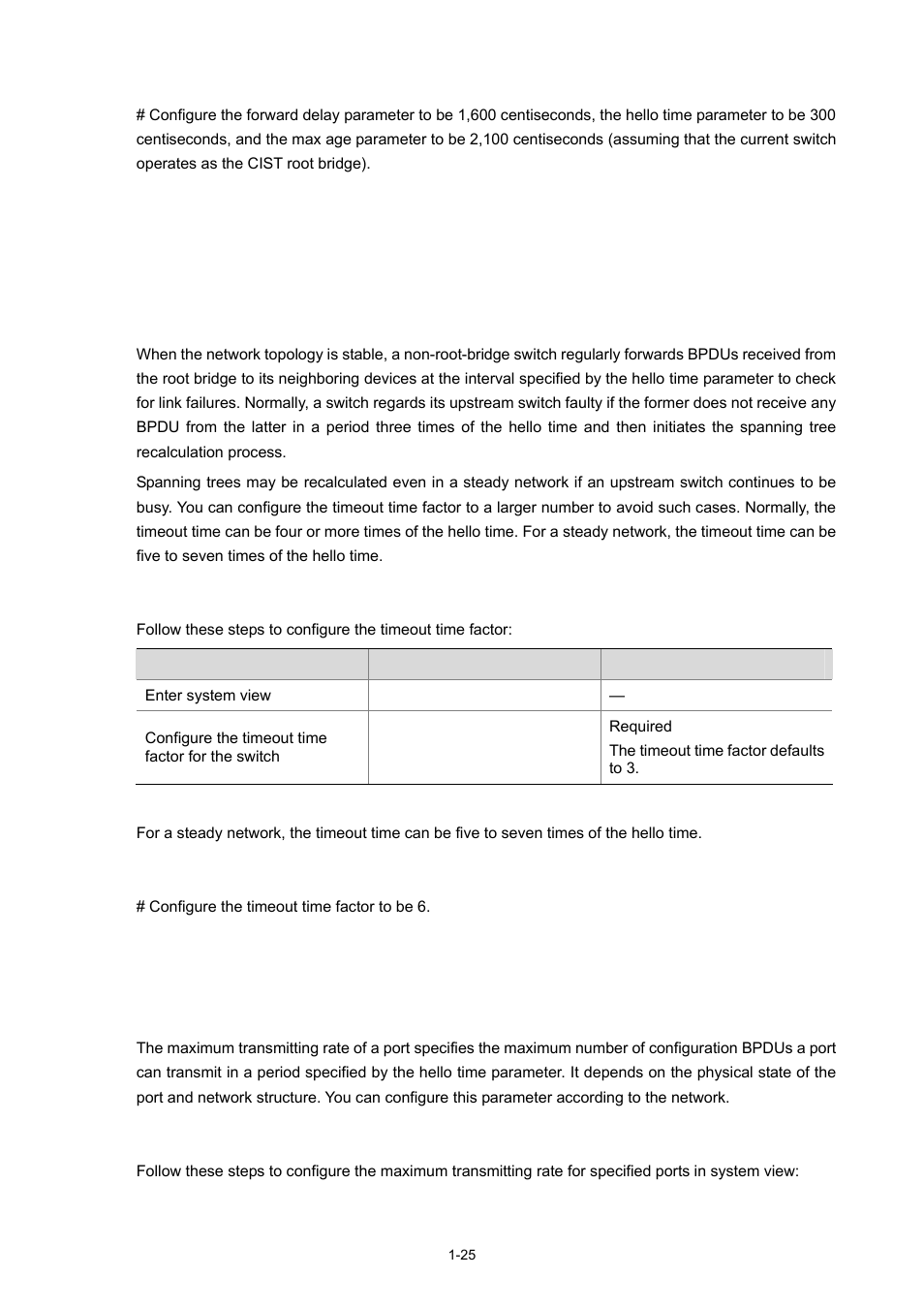 Configuration example, Configuring the timeout time factor, Configuration procedure | H3C Technologies H3C S3100 Series Switches User Manual | Page 244 / 1056