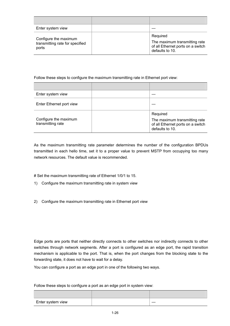 Configuration example, Configuring the current port as an edge port, Configure a port as an edge port in system view | H3C Technologies H3C S3100 Series Switches User Manual | Page 245 / 1056