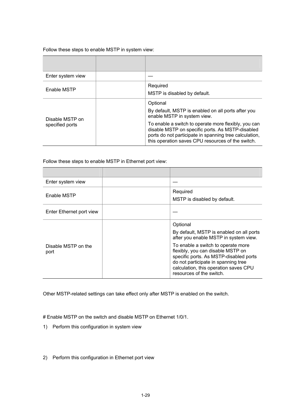 Enabling mstp, Configuration procedure, Configuration example | H3C Technologies H3C S3100 Series Switches User Manual | Page 248 / 1056