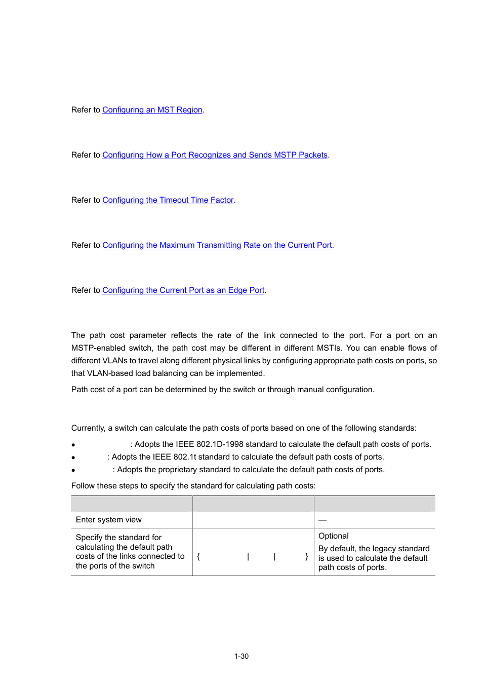 Configuring leaf nodes, Configuring the mst region, Configuring the timeout time factor | Configuring a port as an edge port, Configuring the path cost for a port, Standards for calculating path costs of ports, 30 configuring the path cost for a port | H3C Technologies H3C S3100 Series Switches User Manual | Page 249 / 1056