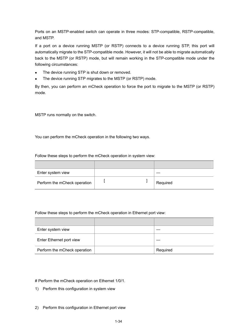 Performing mcheck operation, Configuration prerequisites, Configuration procedure | Perform the mcheck operation in system view, Perform the mcheck operation in ethernet port view, Configuration example, 34 configuration procedure, 34 configuration example | H3C Technologies H3C S3100 Series Switches User Manual | Page 253 / 1056
