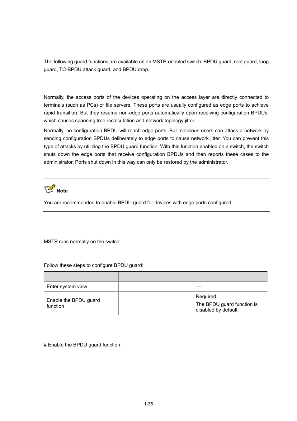 Configuring guard functions, Configuring bpdu guard, Configuration prerequisites | Configuration procedure, Configuration example | H3C Technologies H3C S3100 Series Switches User Manual | Page 254 / 1056