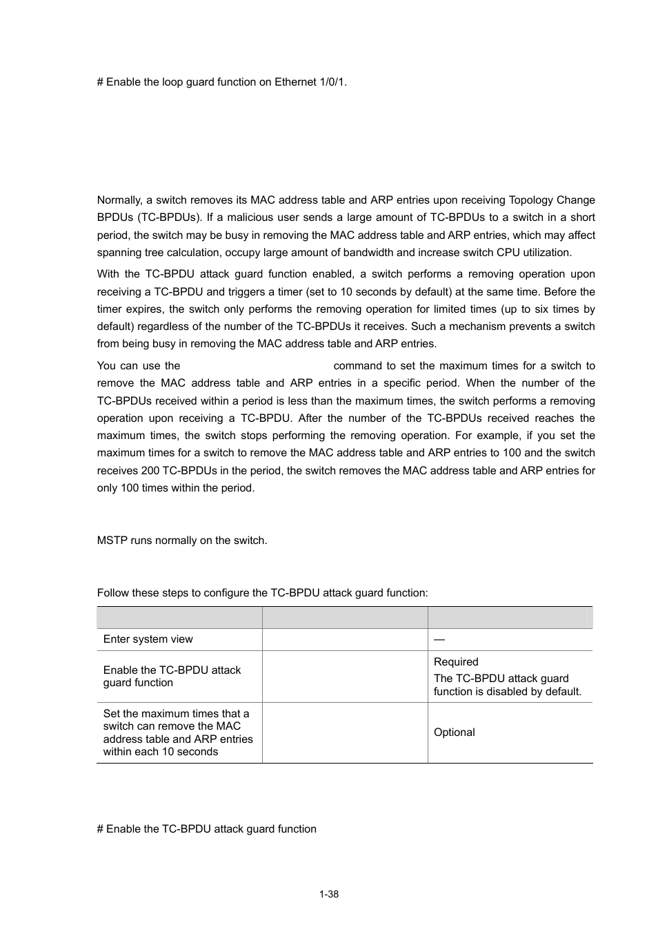 Configuration example, Configuring tc-bpdu attack guard, Configuration prerequisites | Configuration procedure | H3C Technologies H3C S3100 Series Switches User Manual | Page 257 / 1056