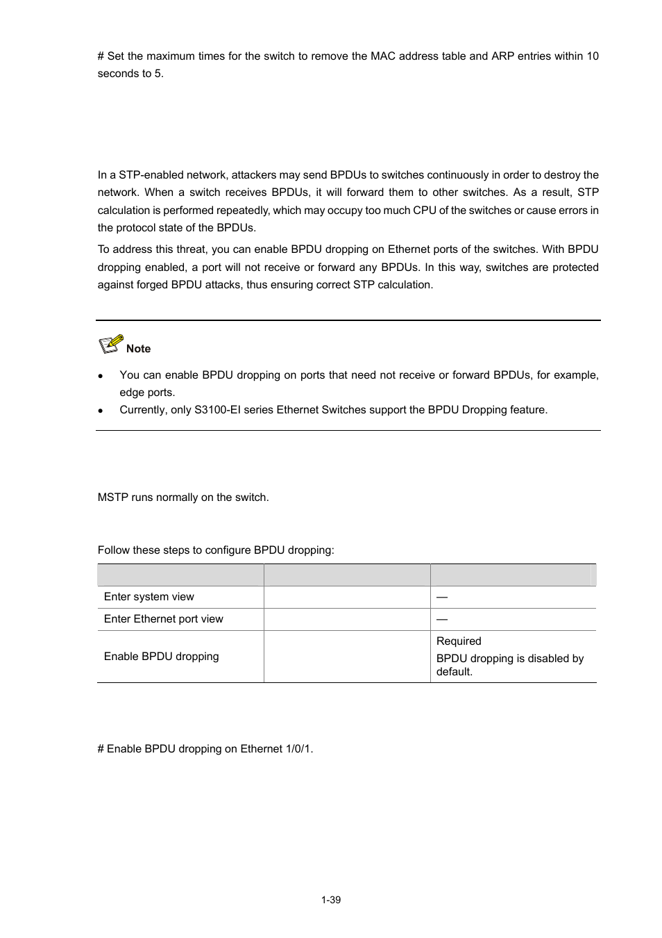 Configuring bpdu dropping, Configuration prerequisites, Configuration procedure | Configuration example | H3C Technologies H3C S3100 Series Switches User Manual | Page 258 / 1056