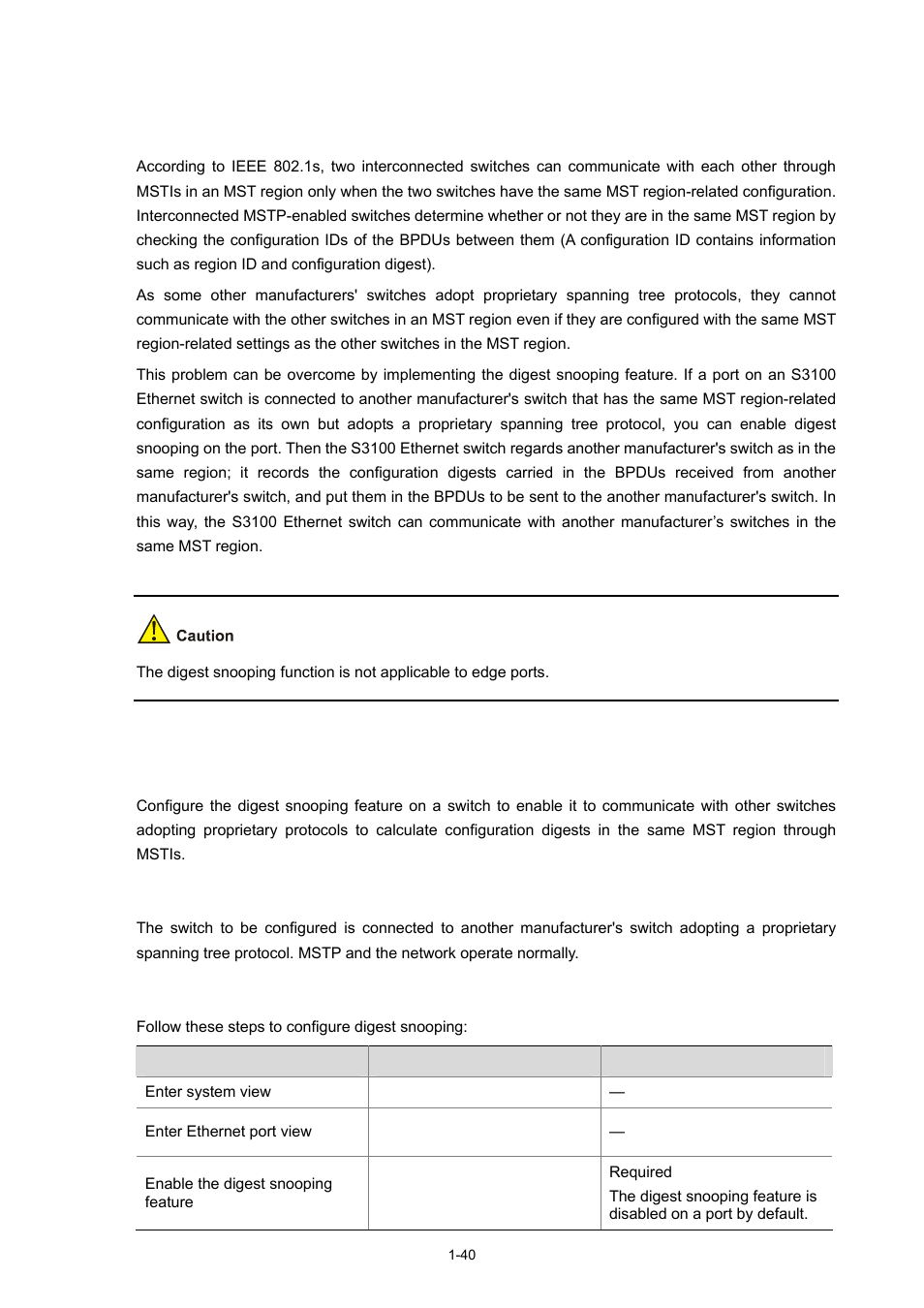 Configuring digest snooping, Introduction, Configuration prerequisites | Configuration procedure, 40 configuring digest snooping | H3C Technologies H3C S3100 Series Switches User Manual | Page 259 / 1056