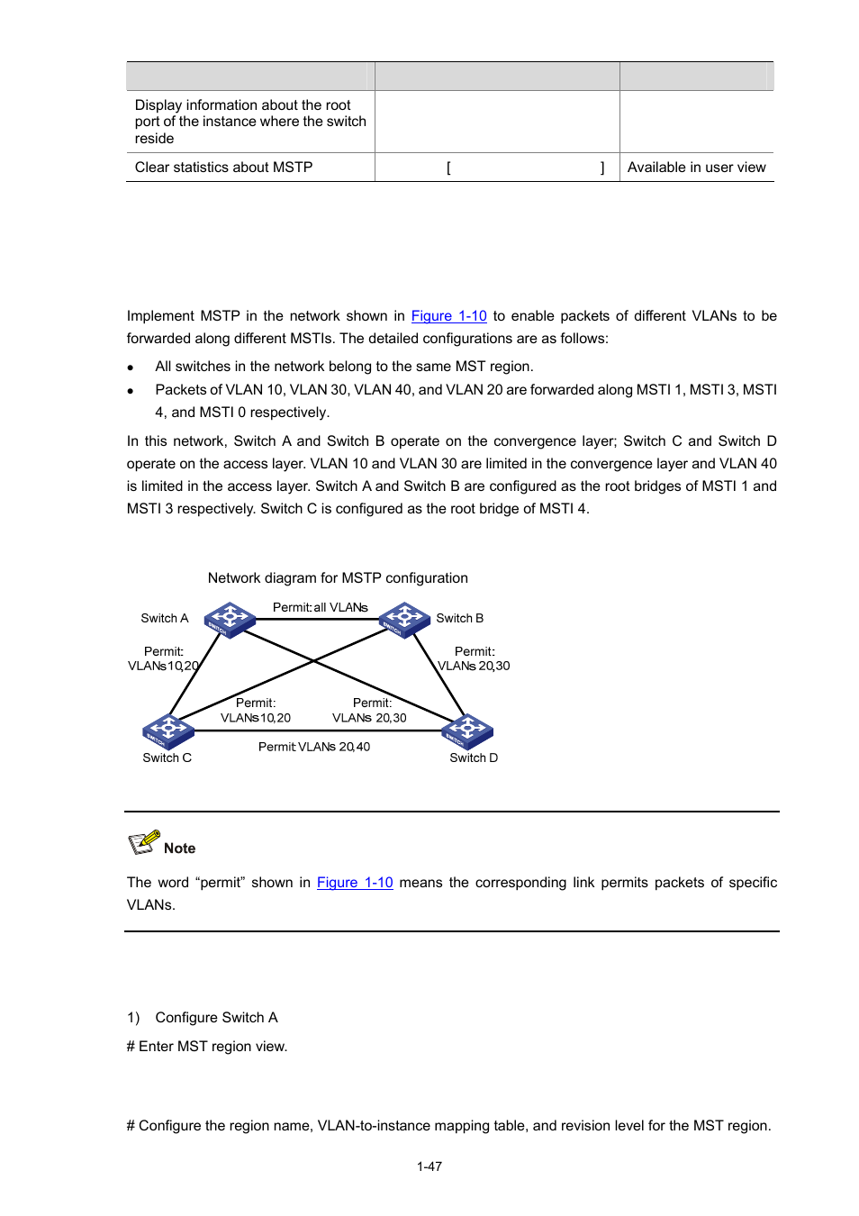 Mstp configuration example, Network requirements, Network diagram | Configuration procedure | H3C Technologies H3C S3100 Series Switches User Manual | Page 266 / 1056