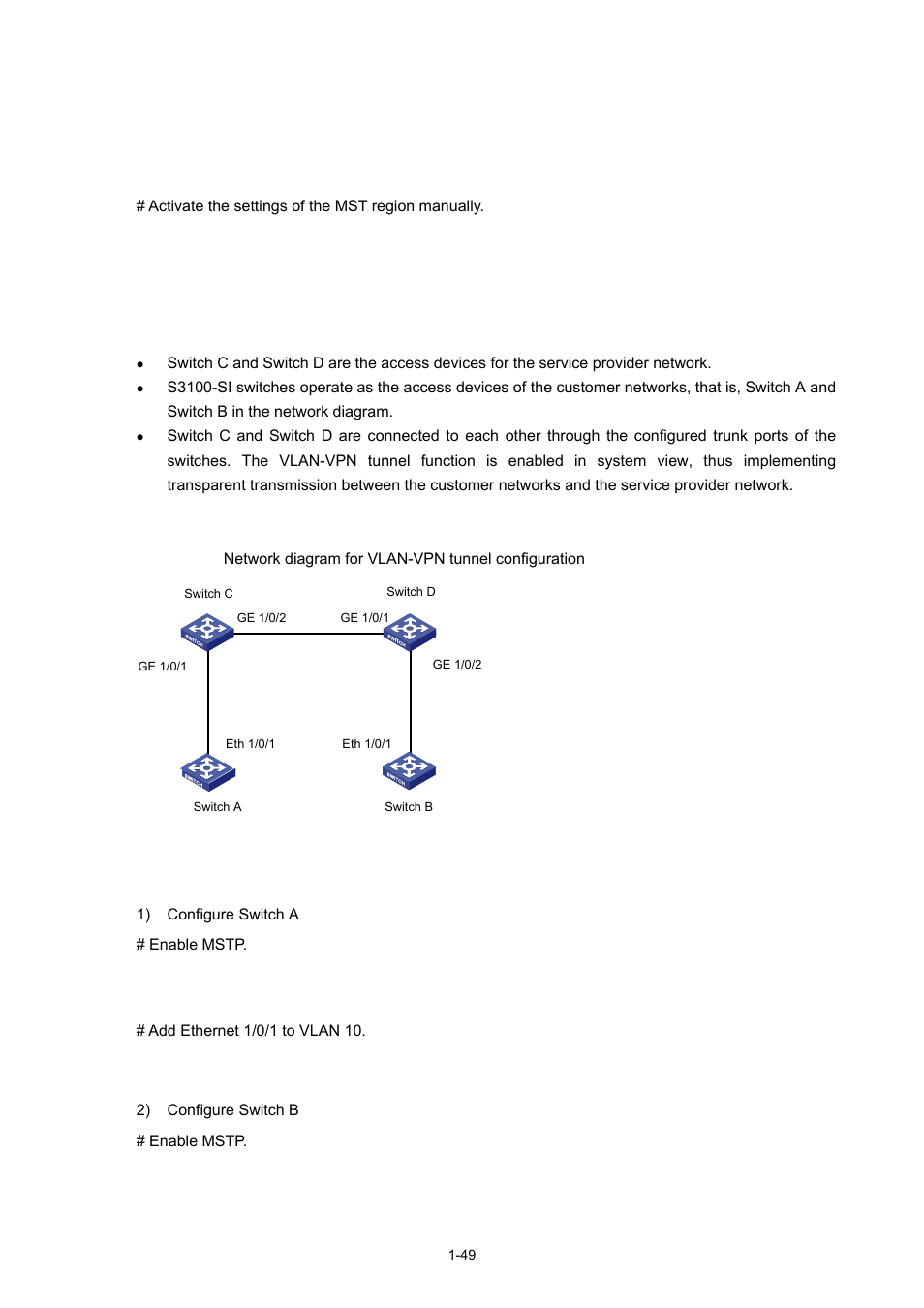 Vlan-vpn tunnel configuration example, Network requirements, Network diagram | Configuration procedure | H3C Technologies H3C S3100 Series Switches User Manual | Page 268 / 1056