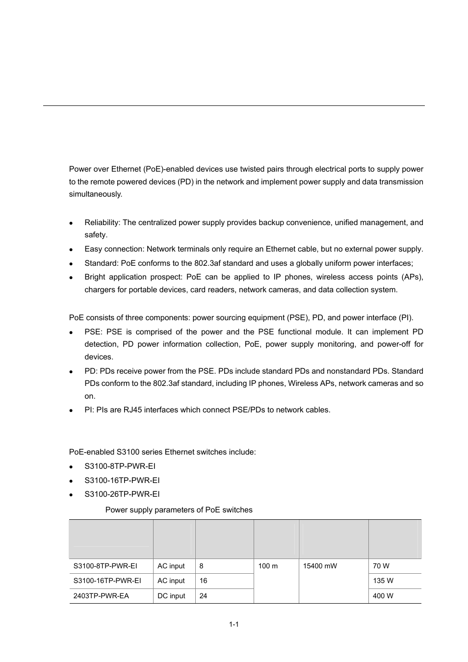1 poe configuration, Poe overview, Introduction to poe | Advantages of poe, Poe components, Poe features supported by s3100, 1 poe features supported by s3100, Poe configuration | H3C Technologies H3C S3100 Series Switches User Manual | Page 664 / 1056