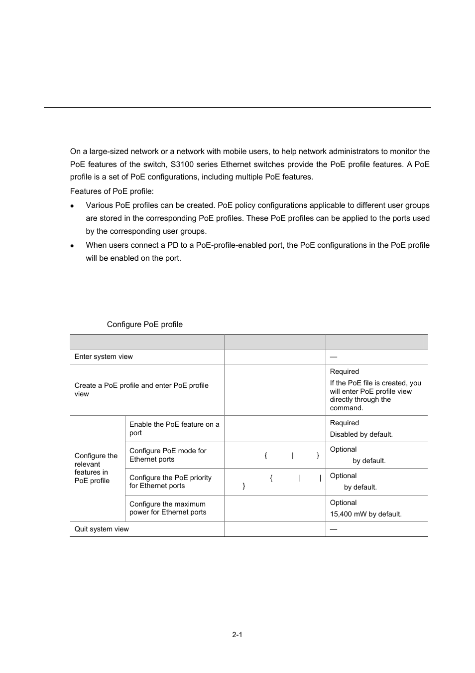 2 poe profile configuration, Introduction to poe profile, Poe profile configuration | Configuring poe profile, 1 poe profile configuration | H3C Technologies H3C S3100 Series Switches User Manual | Page 671 / 1056