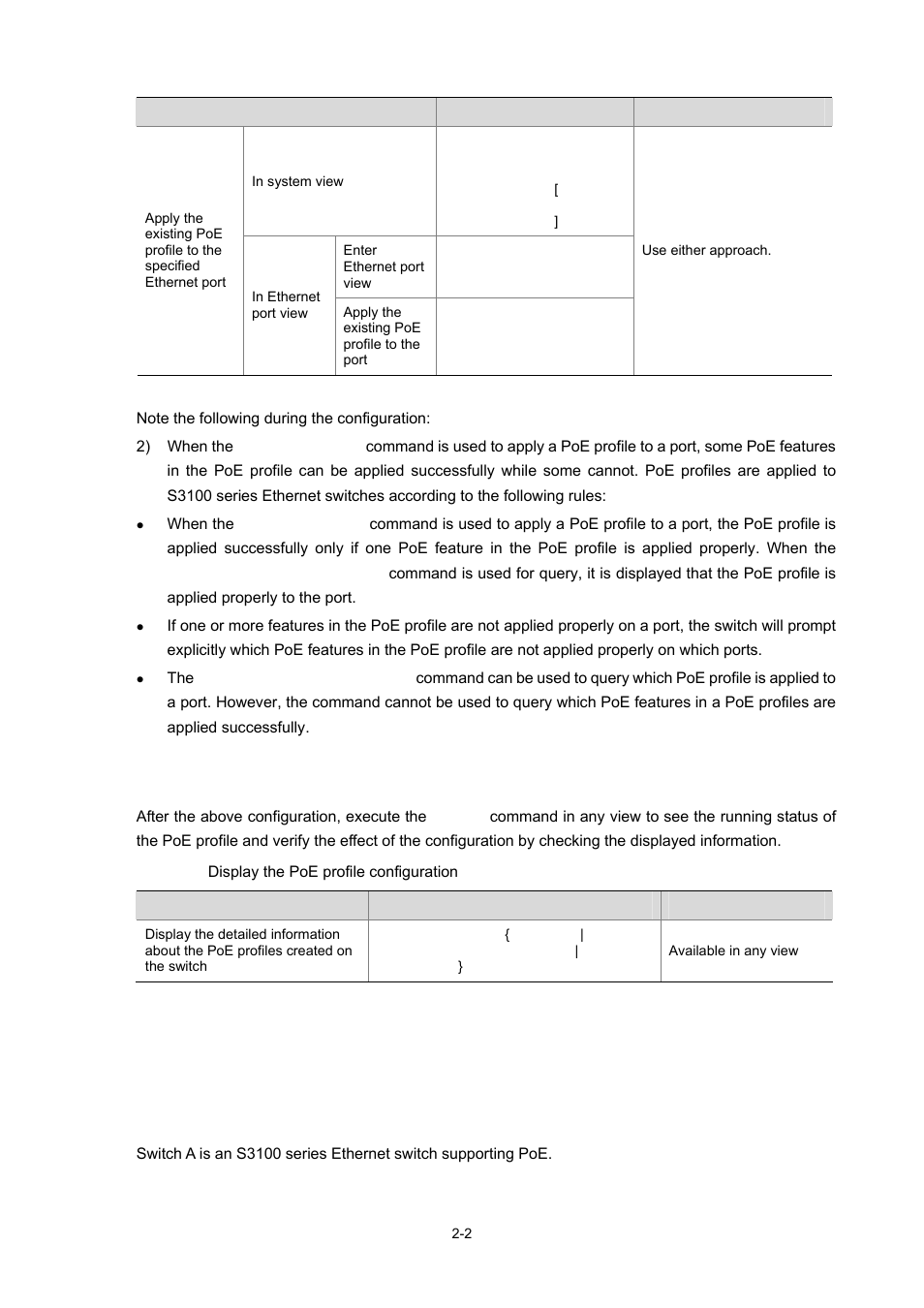 Displaying poe profile configuration, Poe profile configuration example, Poe profile application example | Network requirements, 2 poe profile configuration example | H3C Technologies H3C S3100 Series Switches User Manual | Page 672 / 1056