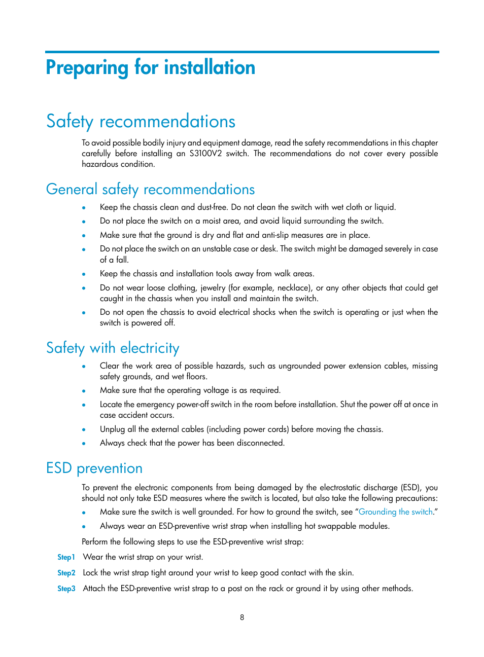 Preparing for installation, Safety recommendations, General safety recommendations | Safety with electricity, Esd prevention | H3C Technologies H3C S3100V2 Series Switches User Manual | Page 14 / 69