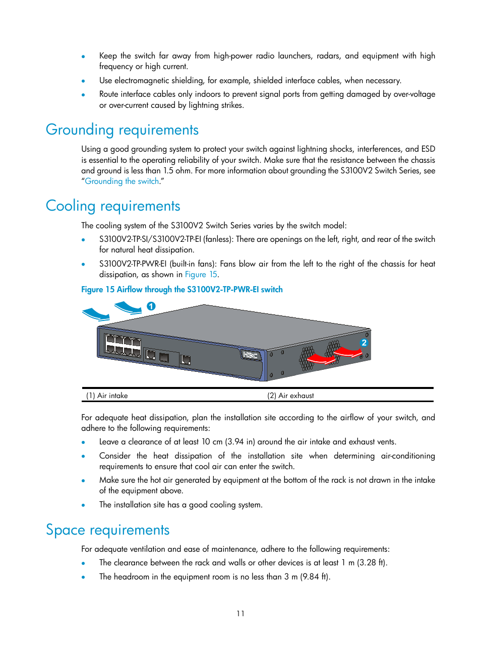 Grounding requirements, Cooling requirements, Space requirements | H3C Technologies H3C S3100V2 Series Switches User Manual | Page 17 / 69