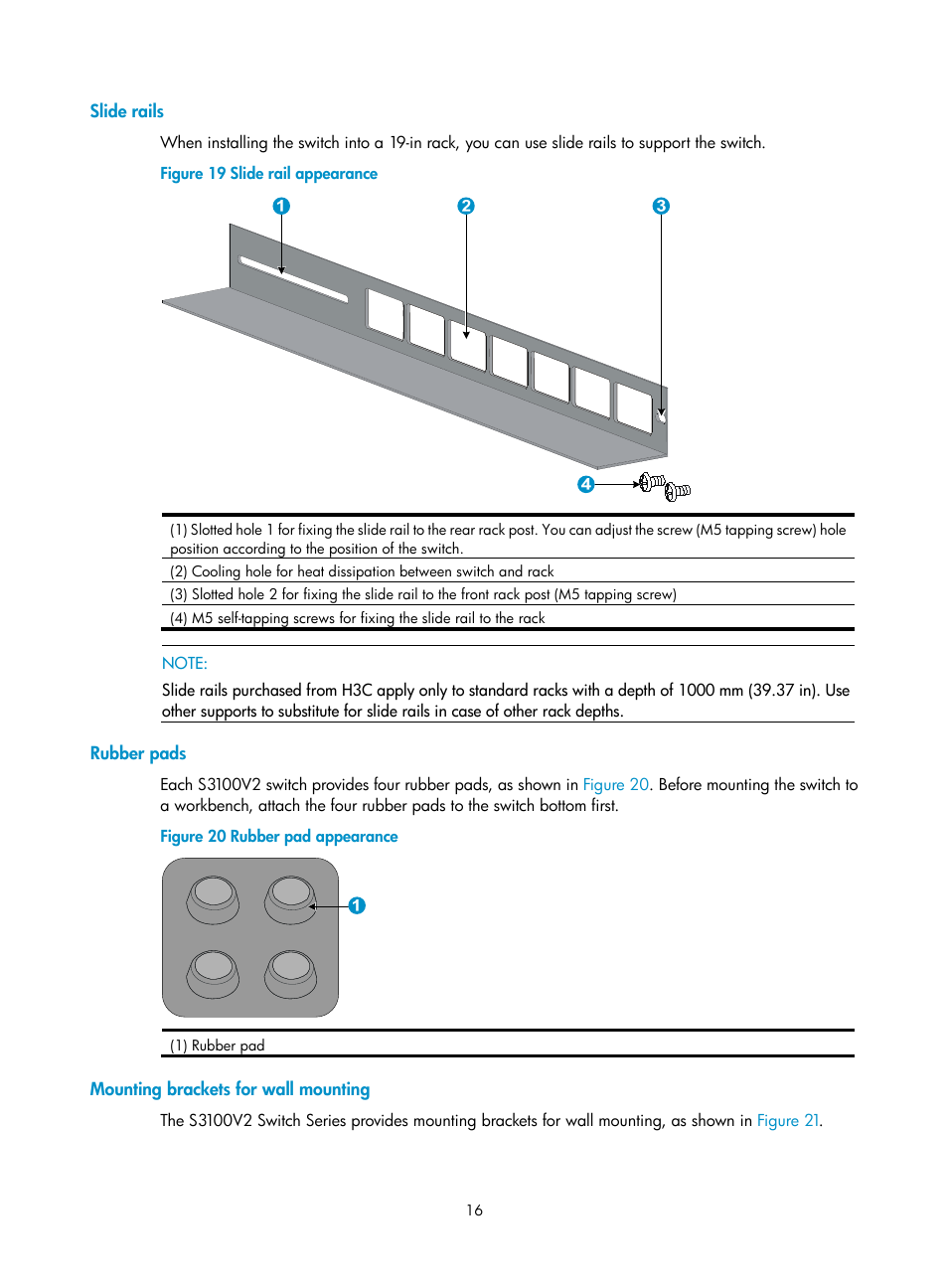 Slide rails, Rubber pads, Mounting brackets for wall mounting | Figure 19, Figure 20 | H3C Technologies H3C S3100V2 Series Switches User Manual | Page 22 / 69