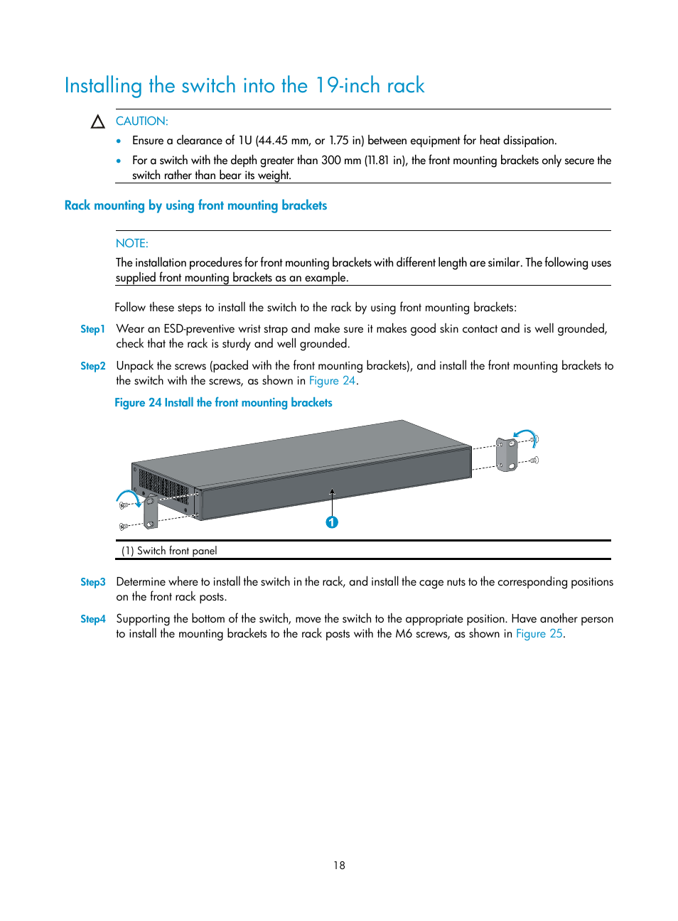 Installing the switch into the 19-inch rack, Rack mounting by using front mounting brackets | H3C Technologies H3C S3100V2 Series Switches User Manual | Page 24 / 69