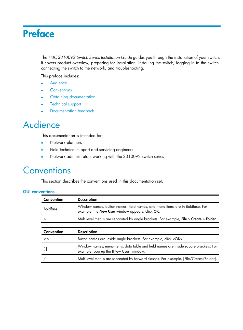 Preface, Audience, Conventions | Gui conventions | H3C Technologies H3C S3100V2 Series Switches User Manual | Page 3 / 69