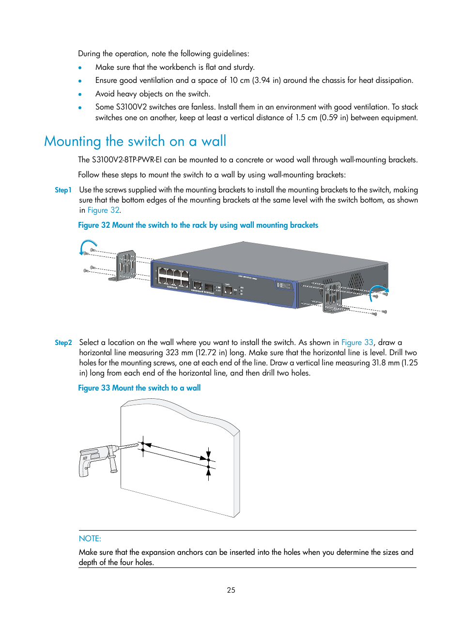 Mounting the switch on a wall | H3C Technologies H3C S3100V2 Series Switches User Manual | Page 31 / 69