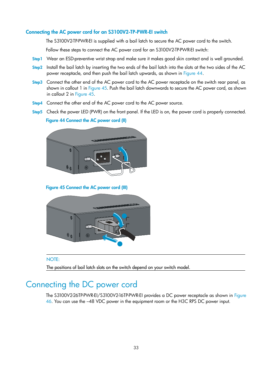 Connecting the dc power cord | H3C Technologies H3C S3100V2 Series Switches User Manual | Page 39 / 69