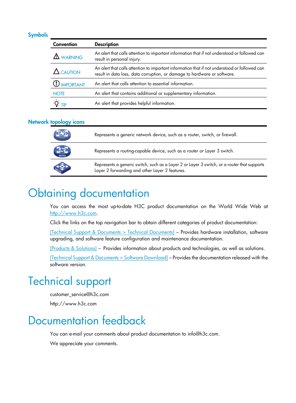 Symbols, Network topology icons, Obtaining documentation | Technical support, Documentation feedback | H3C Technologies H3C S3100V2 Series Switches User Manual | Page 4 / 69