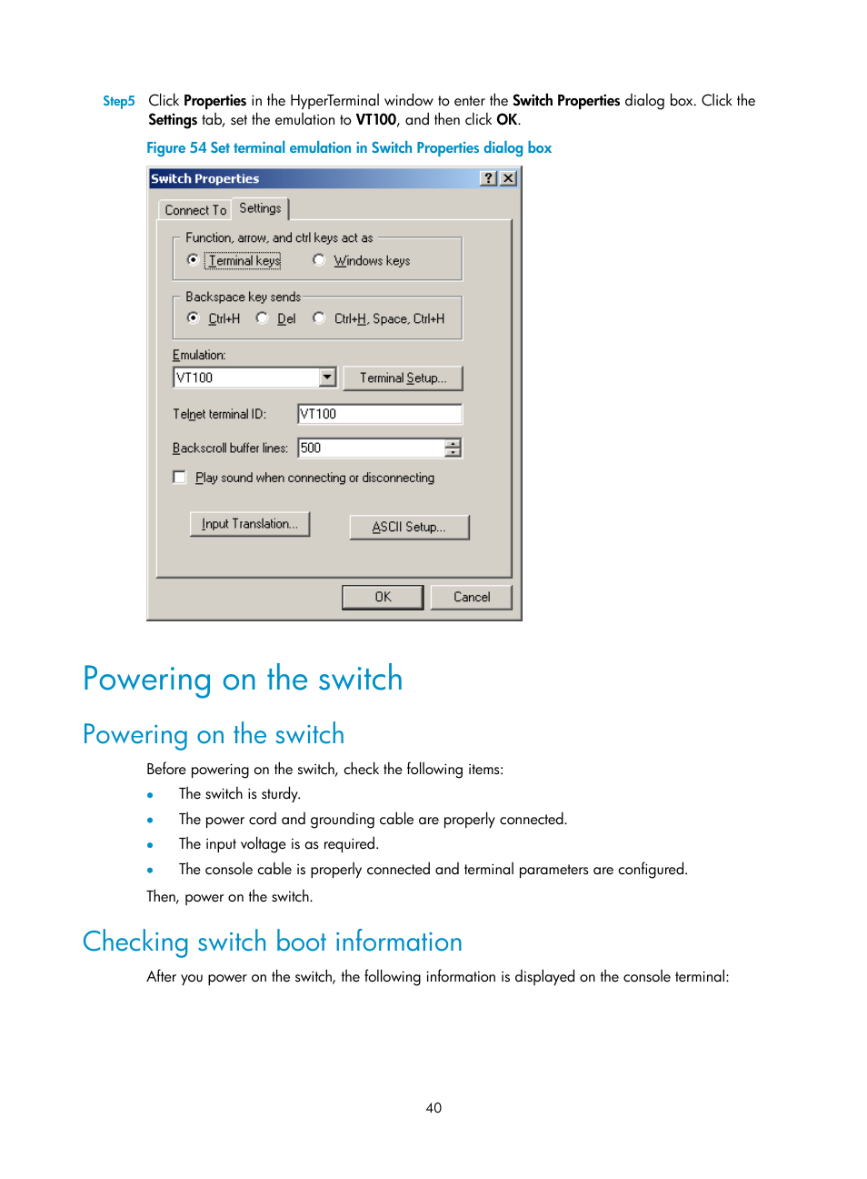 Powering on the switch, Checking switch boot information | H3C Technologies H3C S3100V2 Series Switches User Manual | Page 46 / 69