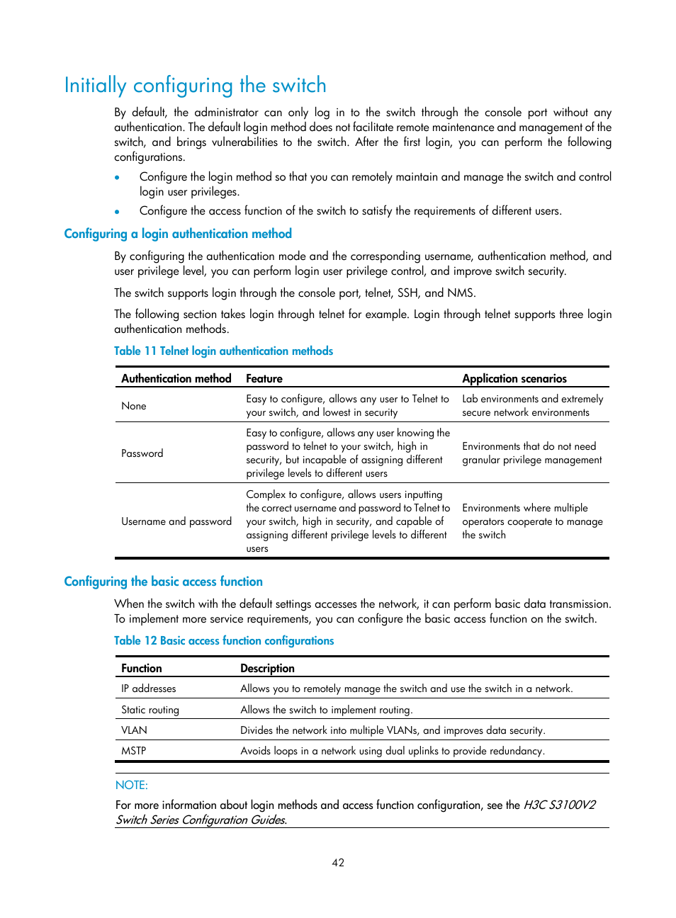 Initially configuring the switch, Configuring a login authentication method, Configuring the basic access function | H3C Technologies H3C S3100V2 Series Switches User Manual | Page 48 / 69