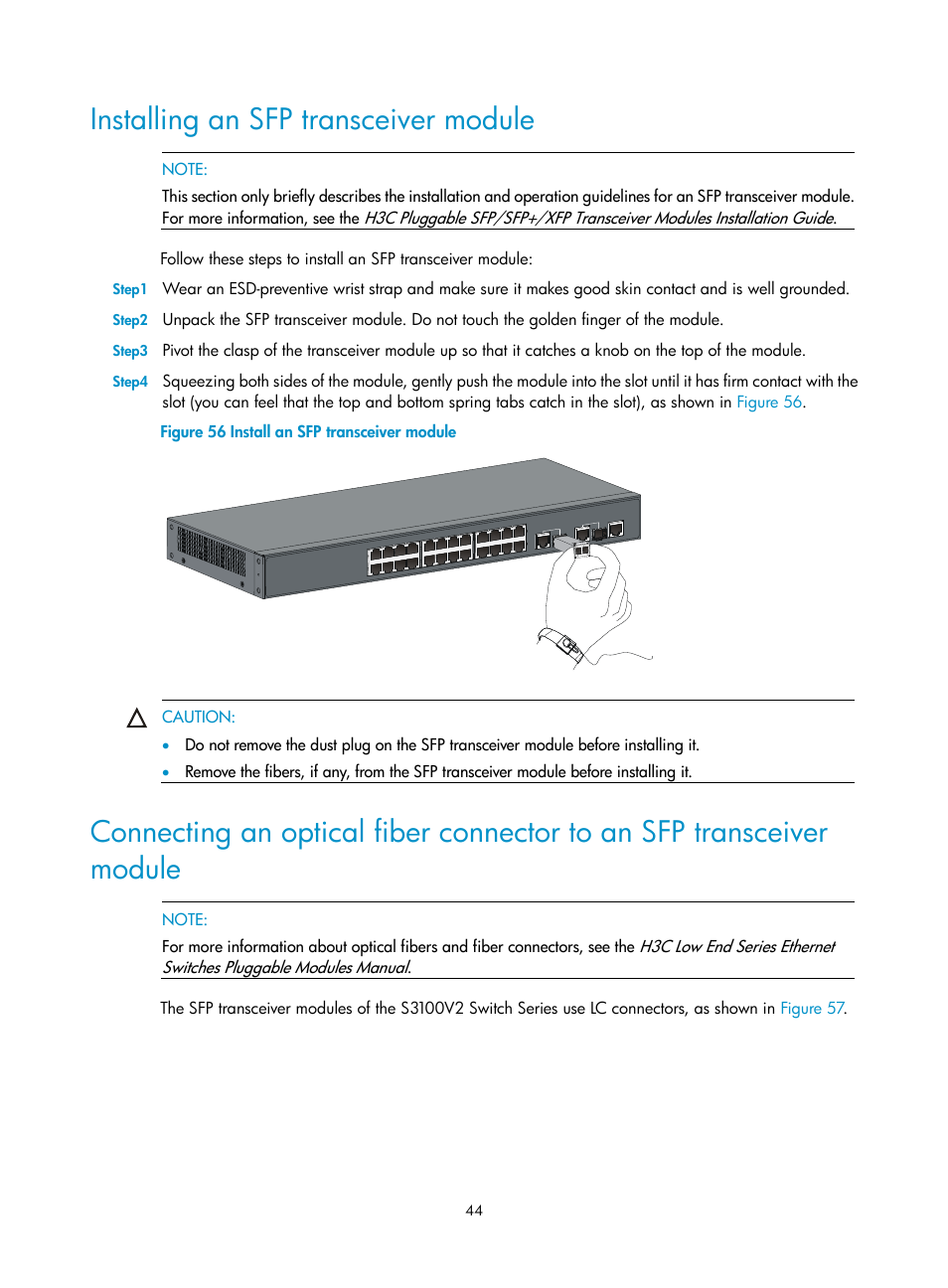 Installing an sfp transceiver module | H3C Technologies H3C S3100V2 Series Switches User Manual | Page 50 / 69