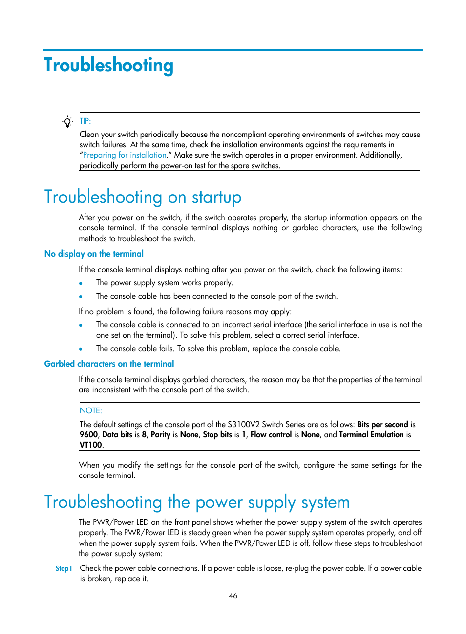 Troubleshooting, Troubleshooting on startup, No display on the terminal | Garbled characters on the terminal, Troubleshooting the power supply system | H3C Technologies H3C S3100V2 Series Switches User Manual | Page 52 / 69