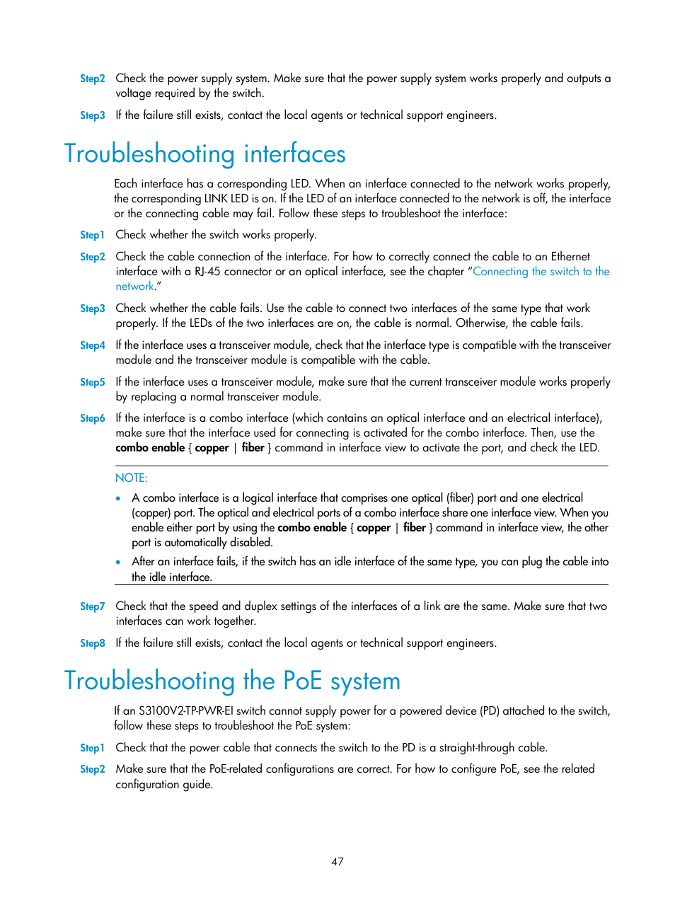 Troubleshooting interfaces, Troubleshooting the poe system | H3C Technologies H3C S3100V2 Series Switches User Manual | Page 53 / 69