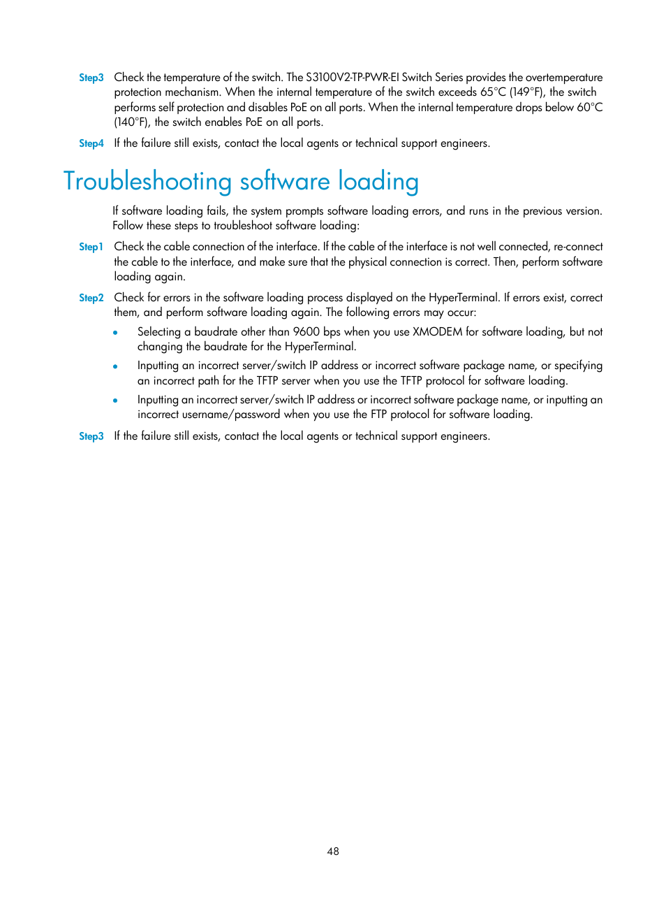 Troubleshooting software loading | H3C Technologies H3C S3100V2 Series Switches User Manual | Page 54 / 69