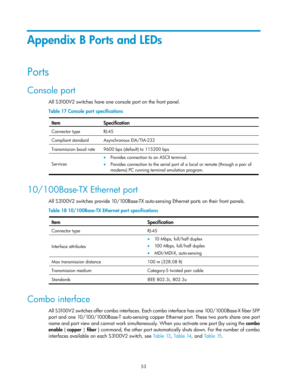 Appendix b ports and leds, Ports, Console port | 10/100base-tx ethernet port, Combo interface | H3C Technologies H3C S3100V2 Series Switches User Manual | Page 59 / 69