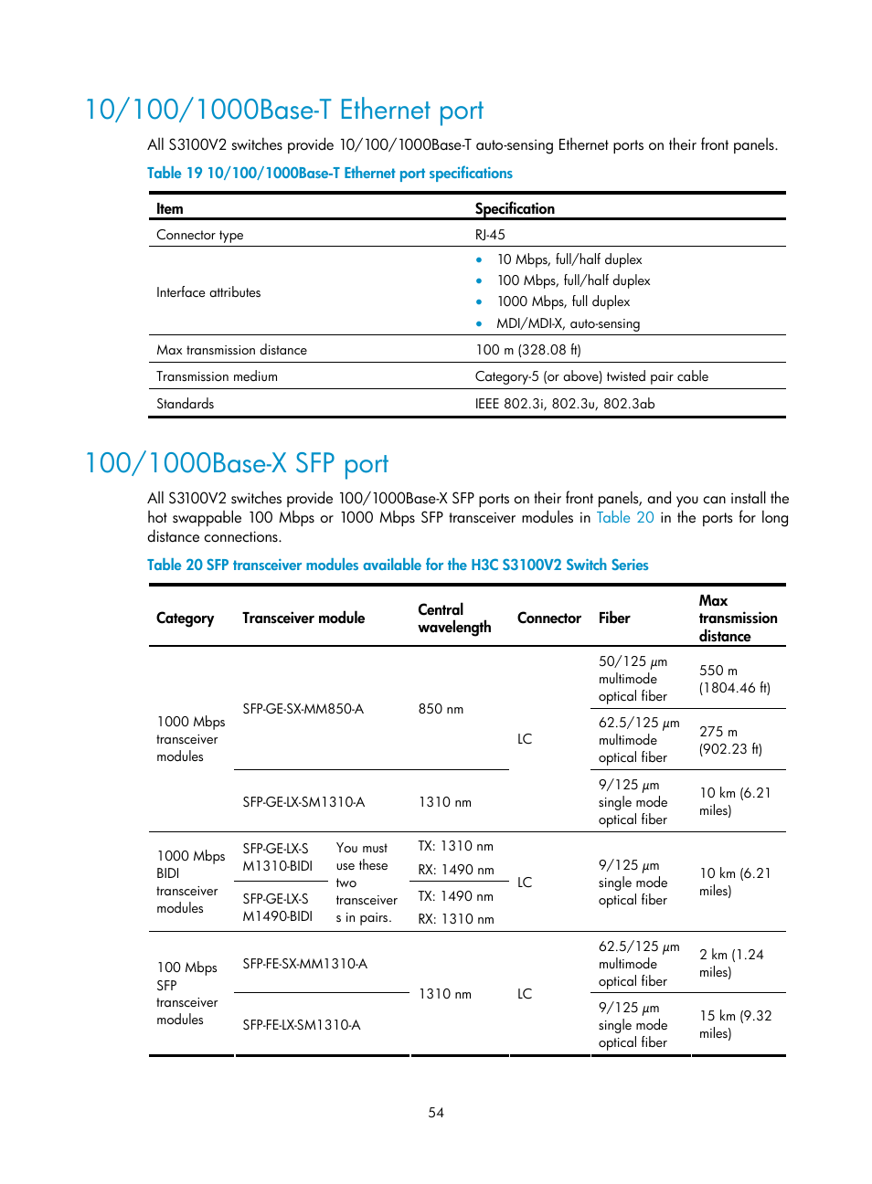 10/100/1000base-t ethernet port, 100/1000base-x sfp port | H3C Technologies H3C S3100V2 Series Switches User Manual | Page 60 / 69