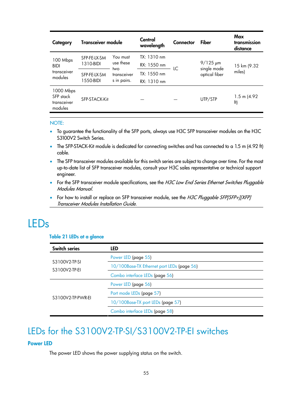 Leds, Leds for the s3100v2-tp-si/s3100v2-tp-ei switches, Power led | H3C Technologies H3C S3100V2 Series Switches User Manual | Page 61 / 69