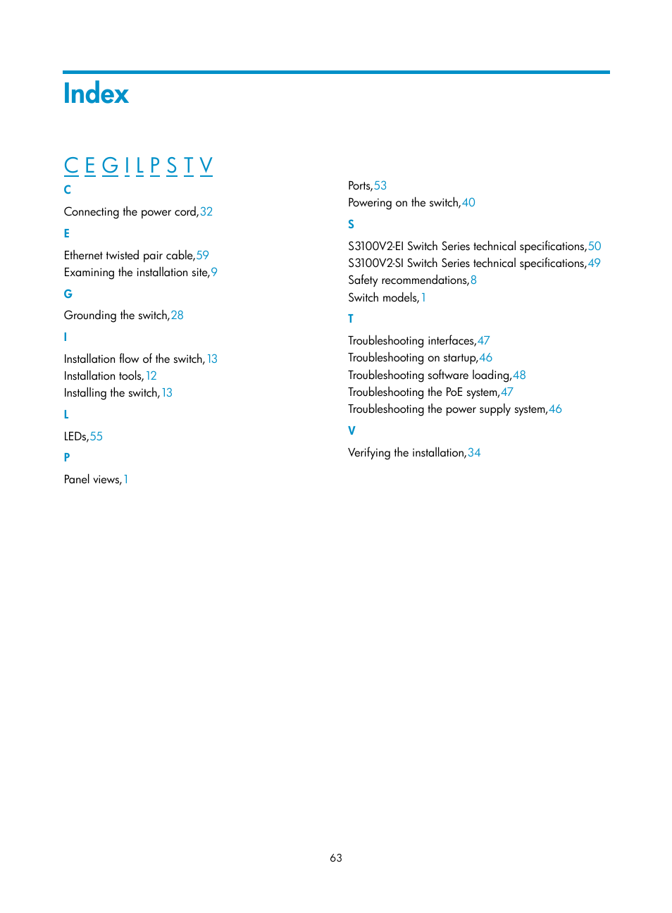 Index | H3C Technologies H3C S3100V2 Series Switches User Manual | Page 69 / 69