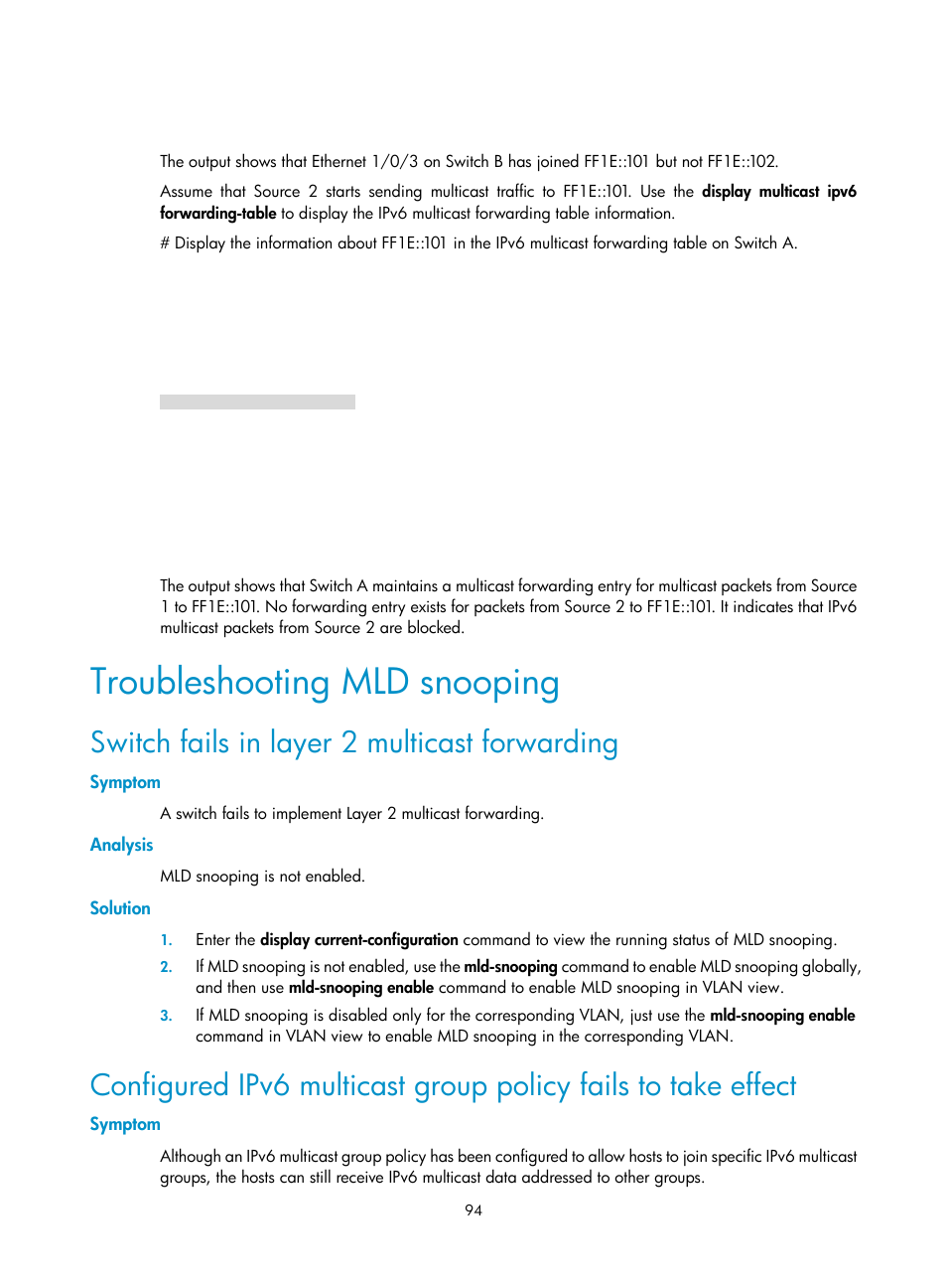 Troubleshooting mld snooping, Switch fails in layer 2 multicast forwarding, Symptom | Analysis, Solution | H3C Technologies H3C S3100V2 Series Switches User Manual | Page 102 / 111