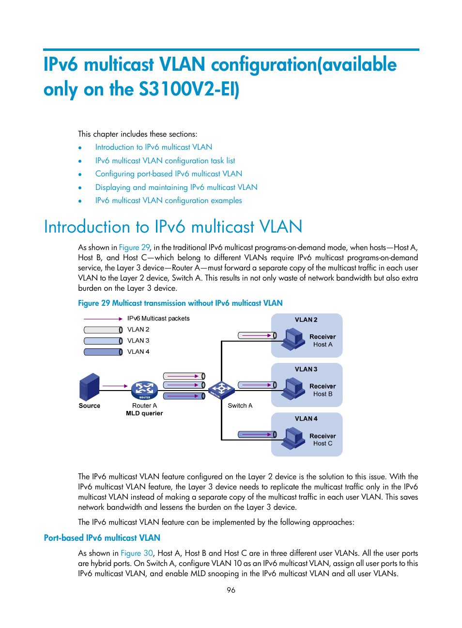 Introduction to ipv6 multicast vlan, Port-based ipv6 multicast vlan | H3C Technologies H3C S3100V2 Series Switches User Manual | Page 104 / 111