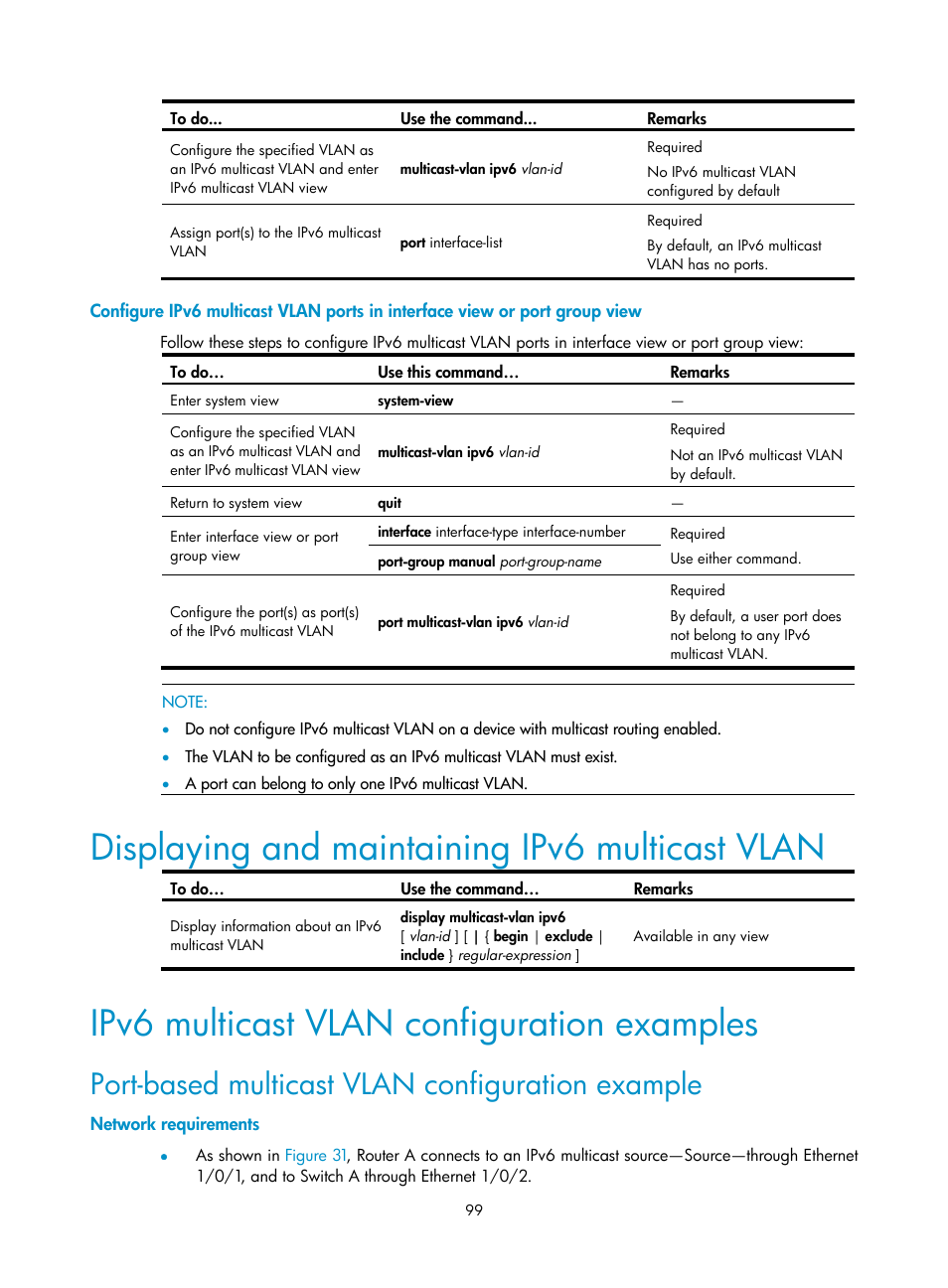 Displaying and maintaining ipv6 multicast vlan, Ipv6 multicast vlan configuration examples, Port-based multicast vlan configuration example | Network requirements | H3C Technologies H3C S3100V2 Series Switches User Manual | Page 107 / 111