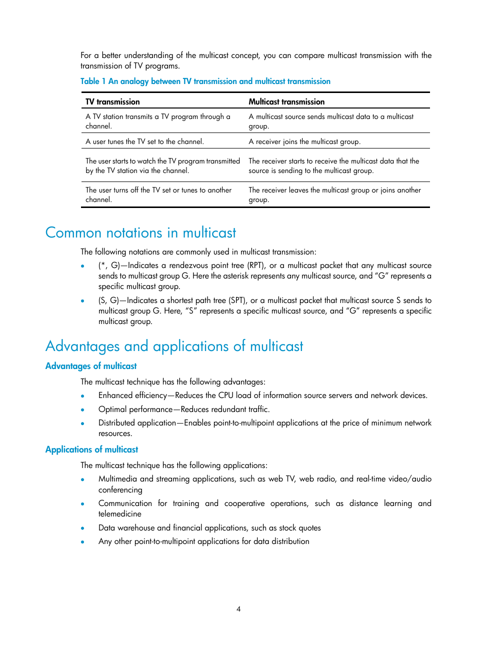 Common notations in multicast, Advantages and applications of multicast, Advantages of multicast | Applications of multicast | H3C Technologies H3C S3100V2 Series Switches User Manual | Page 12 / 111