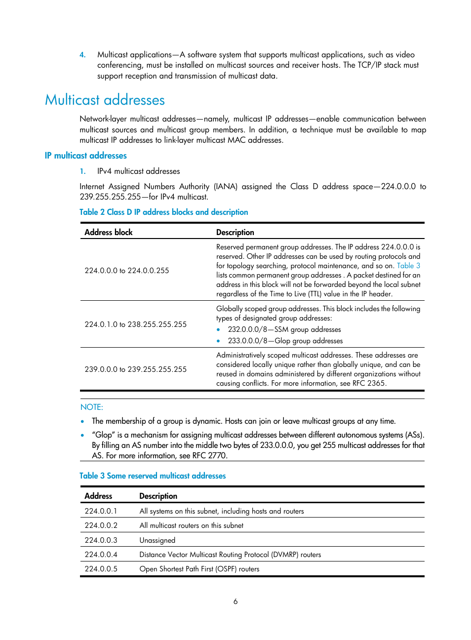 Multicast addresses, Ip multicast addresses | H3C Technologies H3C S3100V2 Series Switches User Manual | Page 14 / 111