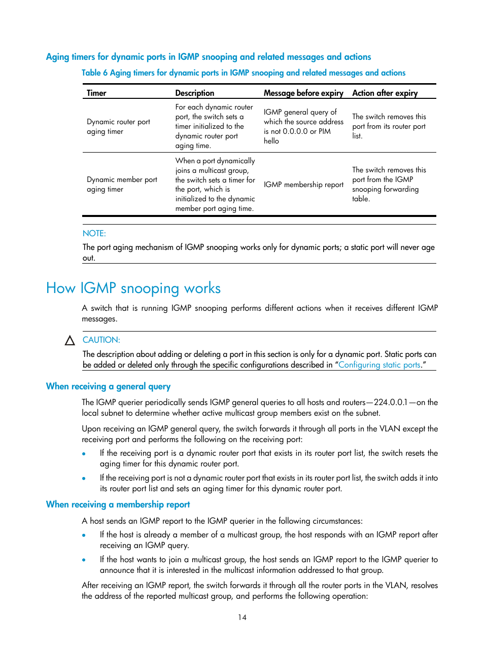 How igmp snooping works, When receiving a general query, When receiving a membership report | H3C Technologies H3C S3100V2 Series Switches User Manual | Page 22 / 111