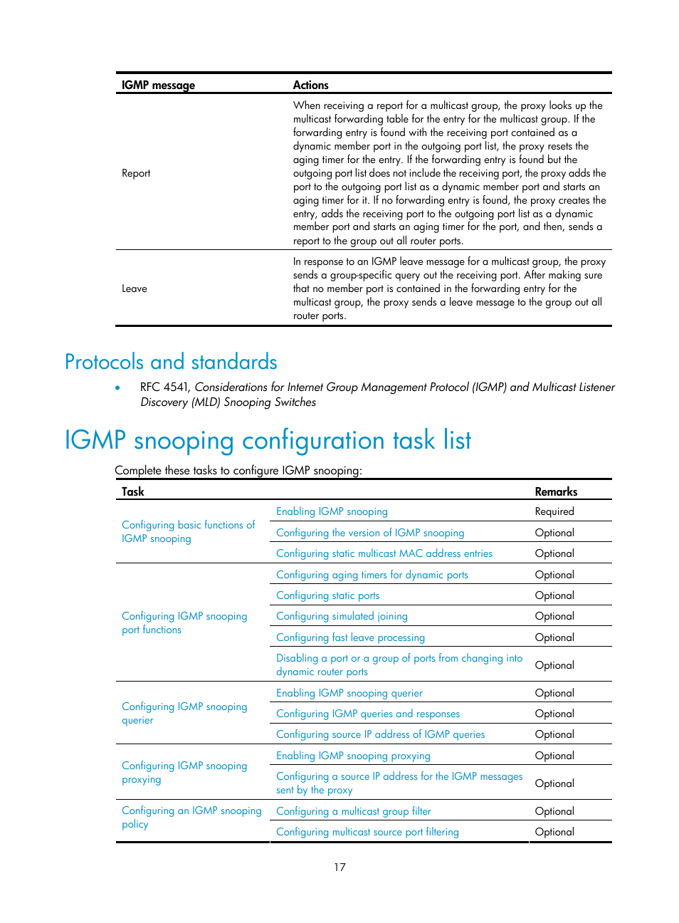Protocols and standards, Igmp snooping configuration task list | H3C Technologies H3C S3100V2 Series Switches User Manual | Page 25 / 111