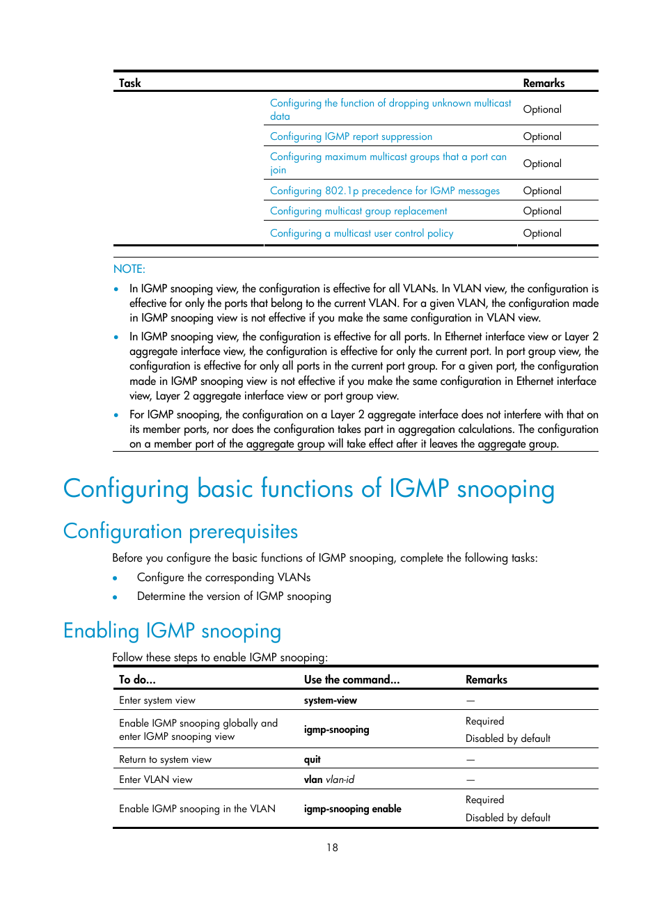 Configuring basic functions of igmp snooping, Configuration prerequisites, Enabling igmp snooping | H3C Technologies H3C S3100V2 Series Switches User Manual | Page 26 / 111