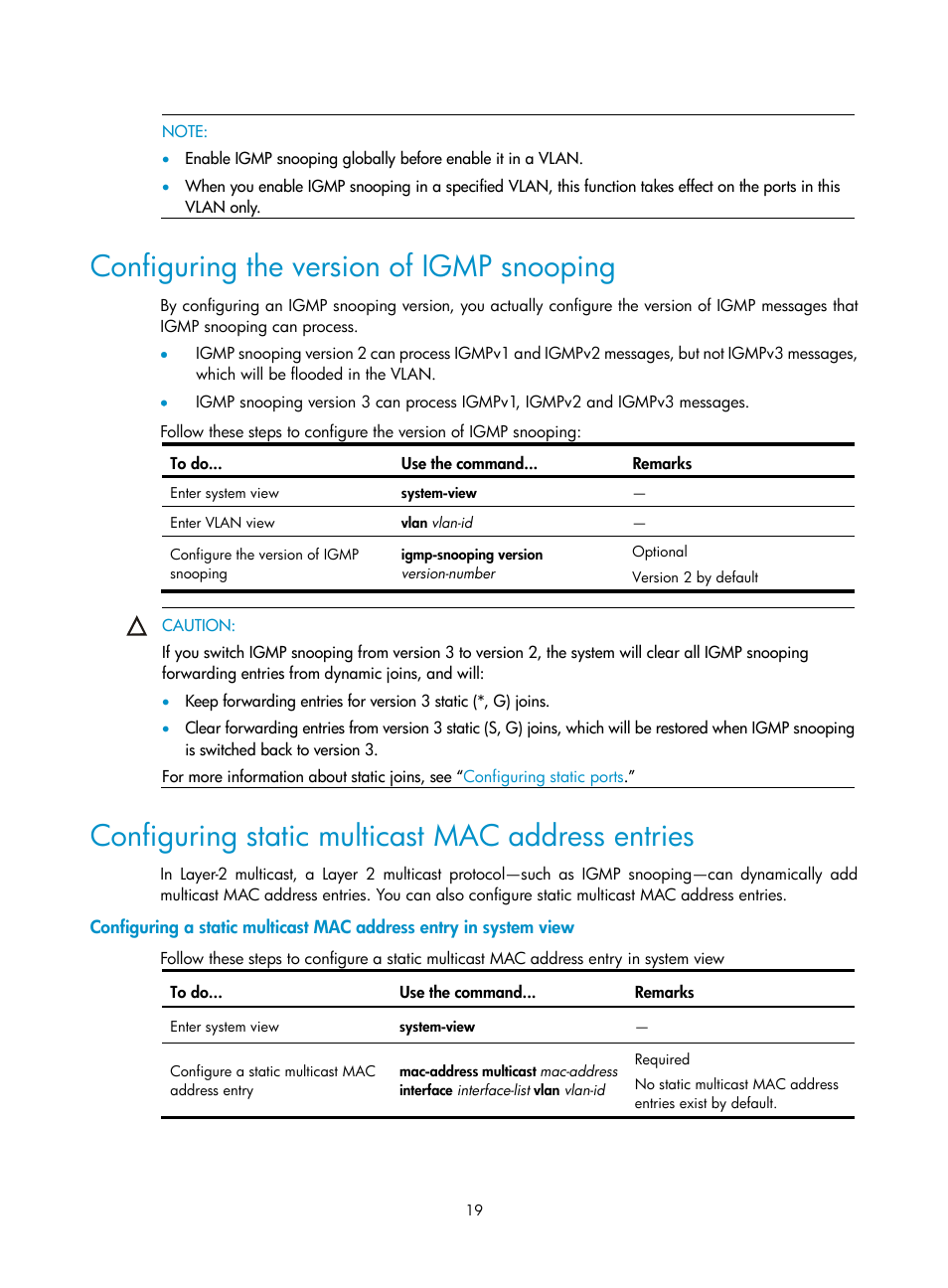 Configuring the version of igmp snooping, Configuring static multicast mac address entries | H3C Technologies H3C S3100V2 Series Switches User Manual | Page 27 / 111