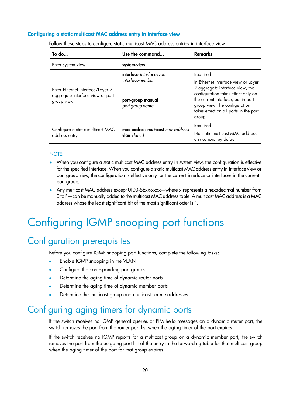 Configuring igmp snooping port functions, Configuration prerequisites, Configuring aging timers for dynamic ports | H3C Technologies H3C S3100V2 Series Switches User Manual | Page 28 / 111