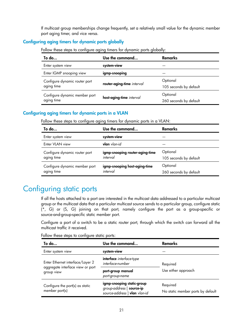 Configuring static ports | H3C Technologies H3C S3100V2 Series Switches User Manual | Page 29 / 111