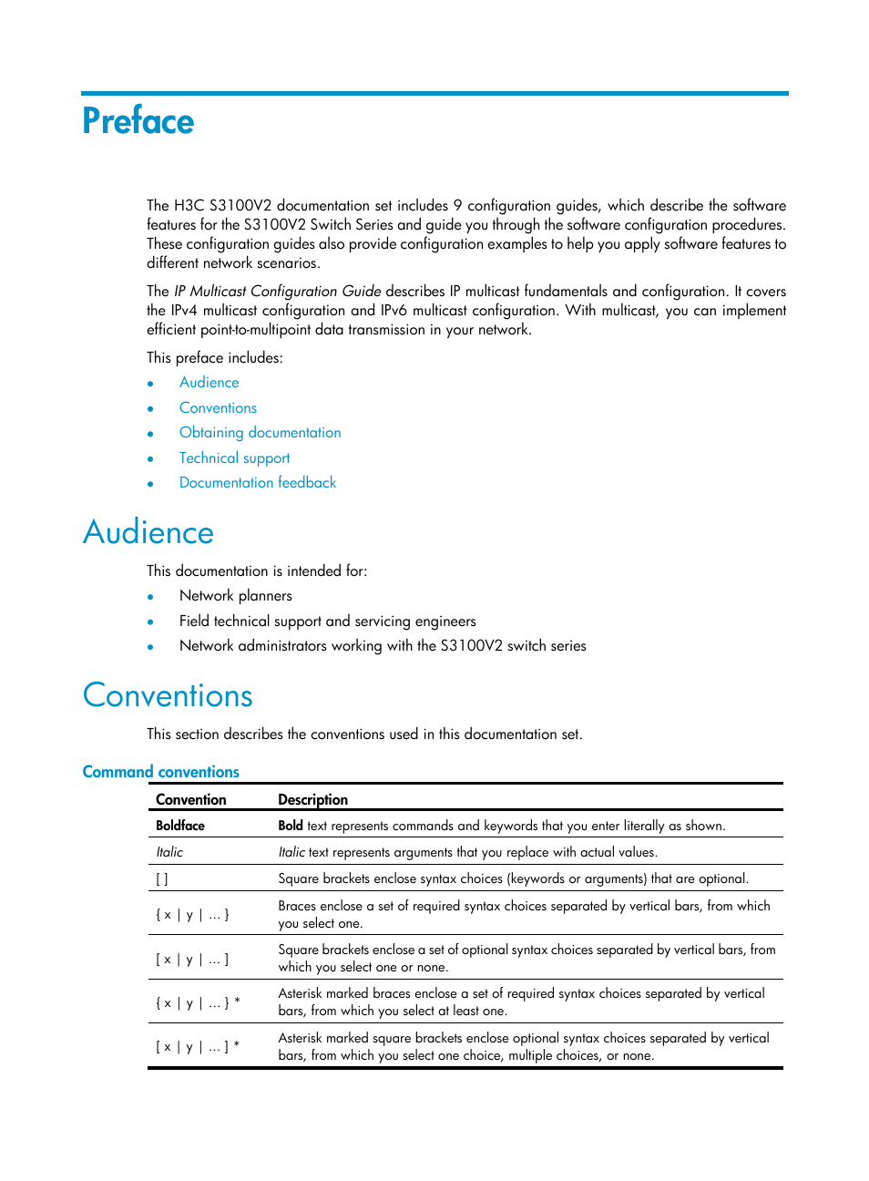 Preface, Audience, Conventions | Command conventions | H3C Technologies H3C S3100V2 Series Switches User Manual | Page 3 / 111